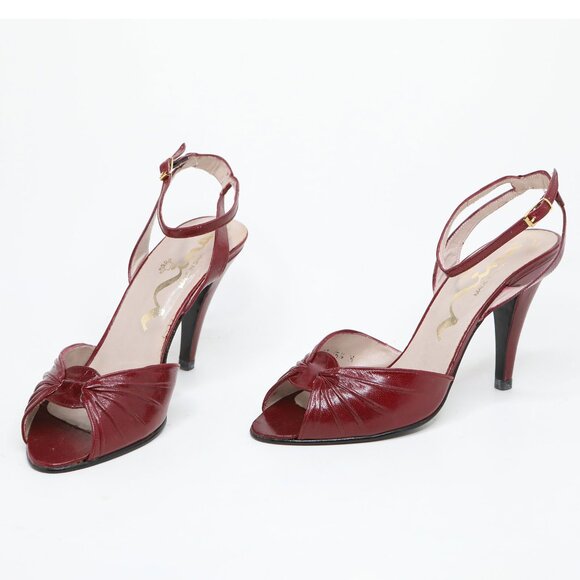 Vintage Nina Burgundy Leather Ankle Strap Peep-Toe Pumps Heels Retro 90s Classic - Picture 10 of 12
